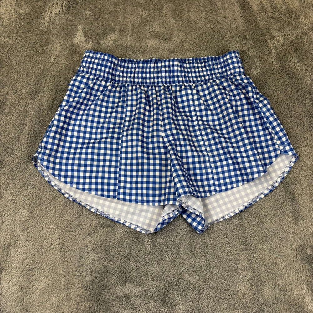 All In Motion Blue White Gingham Smocked Waist Athletic Shorts Womens Medium